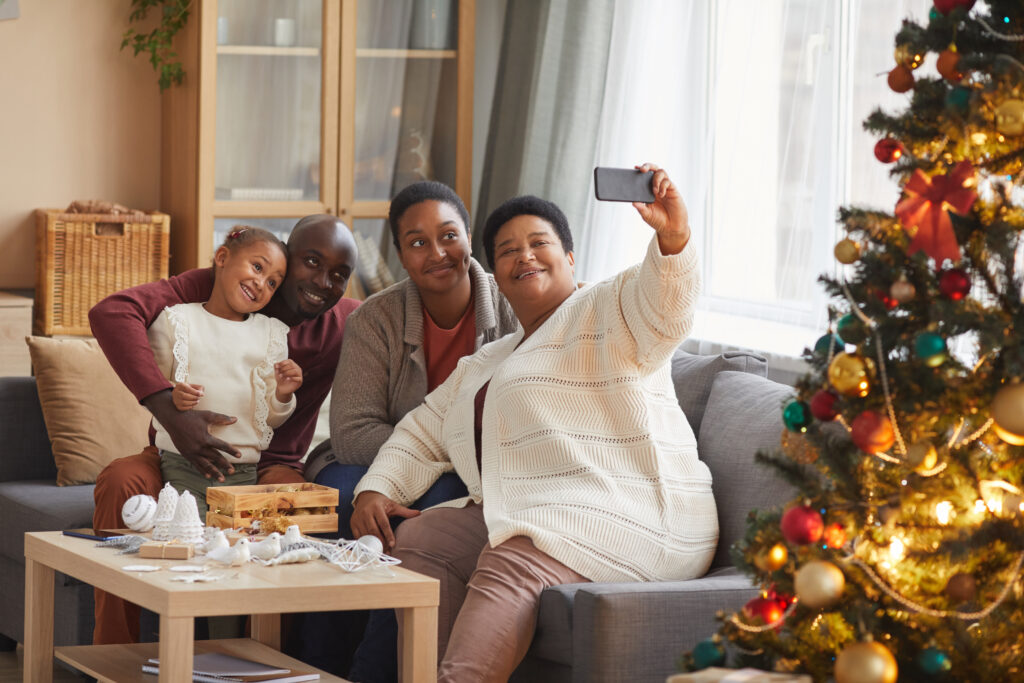 African-American Family Taking Selfie Photo on Christmas